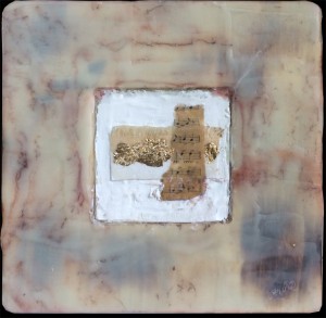 Life of music, Encaustic and rust on silk. 8X8.